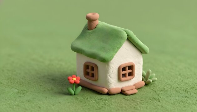 Cute clay model of a small house with flower on green background  