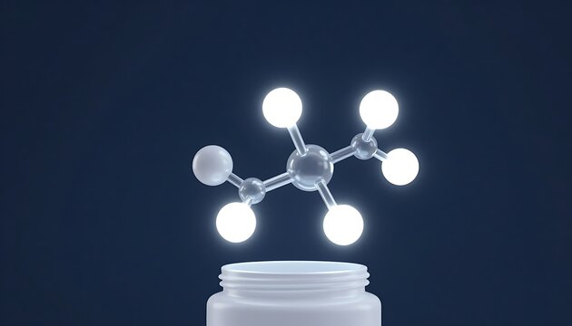 Molecular structure floating above white container on dark background  