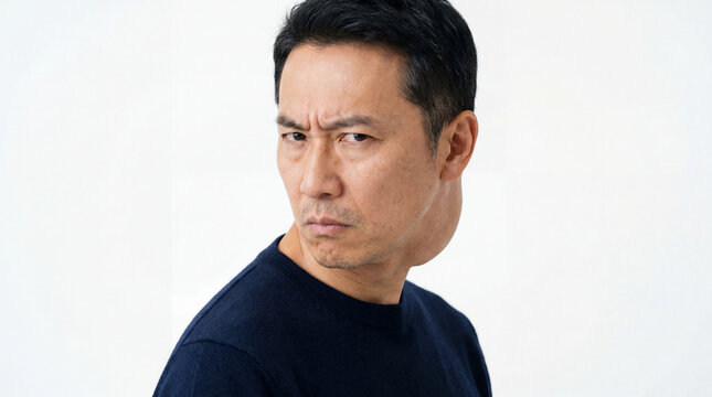 Middle-Aged Asian Man with Large Visible Neck Lump and Angry Expression, Concept of Medical Diagnosis, Tumor, or Lymph Node Swelling on White