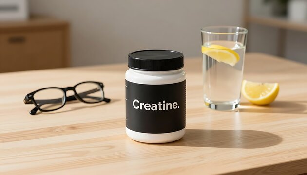 Container of creatine powder beside glass of lemon water on table  