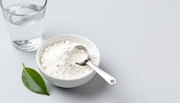 White powder in bowl with spoon and glass of water on grey background  