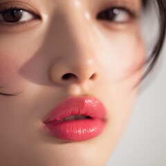 Fototapeta premium 女性の唇と鼻のクローズアップ。美容やメイクアップのイメージ素材