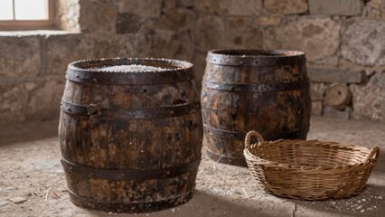 Naklejka premium Old wooden barrels placed against stone wall rustic cellar weathered aged visible signs wear tear wood has rou
