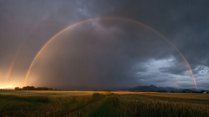 Obraz premium A Majestic Rainbow After a Storm: A breathtaking full rainbow arcs across a dramatic sky, emerging from dark storm clouds and illuminating a golden field below.