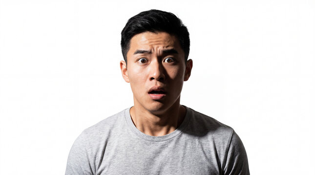 A young Asian man with dark hair and eyebrows raised in surprise, looking directly at the camera with his mouth slightly open.