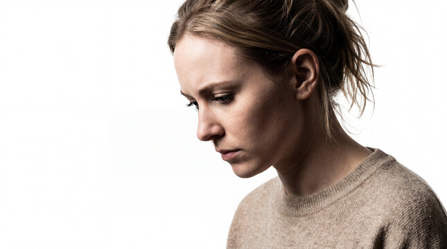 A young woman with blonde hair pulled back, looking down with a pensive expression, against a white background.