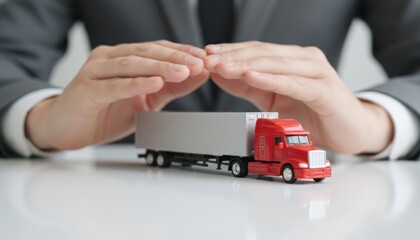 Truck protection and logistics insurance concept with businessman's hands over toy semi-truck