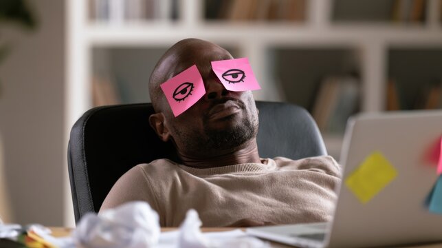 Tired remote worker sleeping at cluttered home office desk with sticky-note eyes, laptop and crumpled papers &mdash; work-from-home exhaustion concept