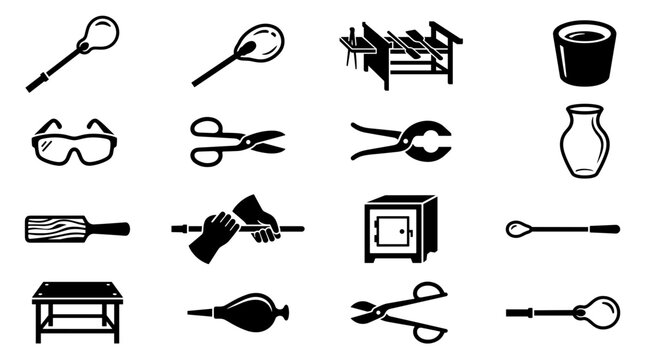 Glassblowing Tools and Equipment Icons Set