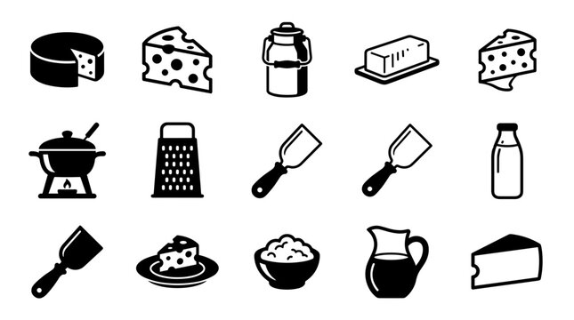 Collection of cheese and dairy product icons and symbols for food and cooking