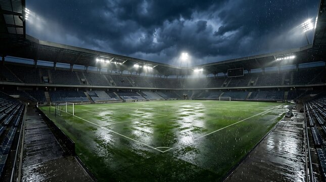 Rainy soccer stadium at night, dark stormy clouds overhead, illuminated green field, wet grass, empty seats, dramatic lighting, sports competition atmosphere.