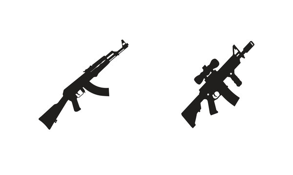 Black AK-47 And Scoped AR-15 Rifle Silhouette Icon Set
