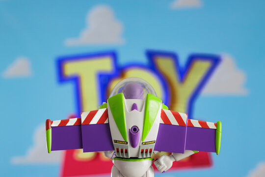 ISTANBUL, Turkiye - MAY 13 2026: Buzz Lightyear action figure character from the Toy Story movie Disney Pixar against TV background
