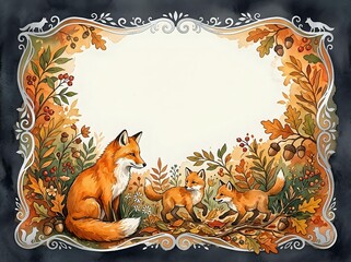 Obraz premium Watercolor autumn frame with a red fox family among oak leaves, acorns, and berries, featuring an ornate border and blank center space for text.