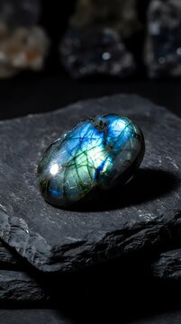 Polished labradorite gemstone with brilliant blue and green flash on dark slate surface displaying natural iridescent colors and mineral beauty.