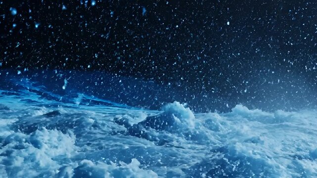 Bioluminescent Wave Crashing in the Dark Ocean at Night.