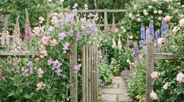 Pastel pink and purple sweet pea Lathyrus flowers climbing on a rustic wooden garden fence, capturing the soft beauty of a lush blooming cottage garden path during the spring and summer season.