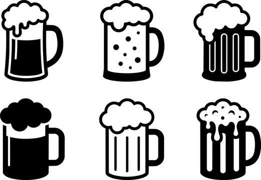 Set of six beer mugs with foam vector icons