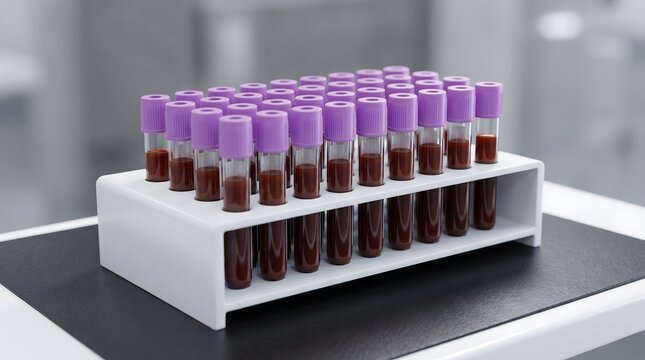 Blood sample collection tubes in laboratory rack medical testing