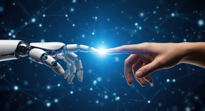 The convergence of human and robotic hands amidst a cosmic backdrop