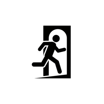 Emergency exit sign icon, running man pictogram, vector illustration of a person escaping through a doorway, simple flat design for safety signage