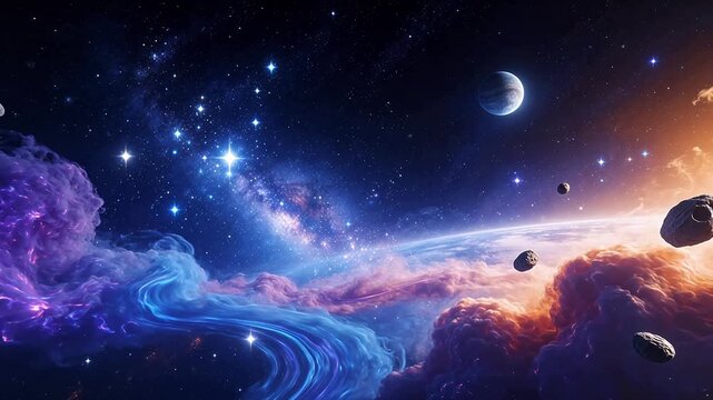 Cosmic scene with planets stars and nebula