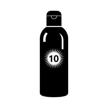 Sunscreen lotion bottle with spf 10 icon, sun protection cream container, vector illustration