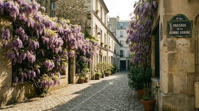 A charming and historic cobblestone path at Passage de la Bonne Graine in the 11th arrondissement of Paris, showcasing beautiful purple wisteria flowers blooming over traditional stone architecture.