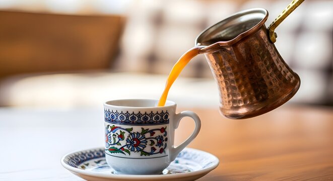 Traditional Turkish coffee being poured from a cezve into a decorative ceramic cup and saucer, showcasing a rich cultural beverage ritual with warm tones.