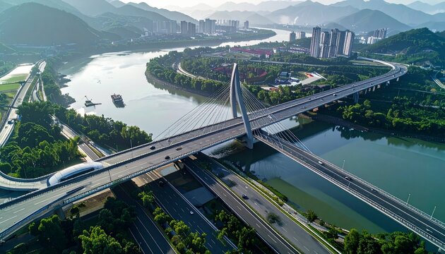 Aerial view of modern city with bridges and river.