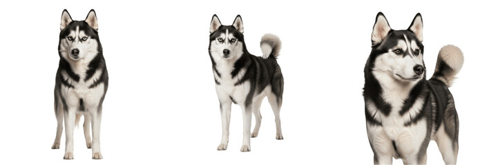 Siberian husky dog set isolated on transparent background. Black and white husky standing and looking forward full body collection PNG. Majestic purebred sled dog breed clipart pack for pet graphic de © AADi