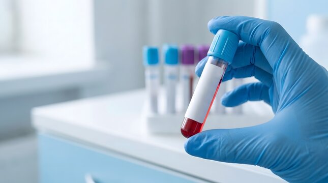 Healthcare professional holding blood sample test tube in laboratory setting