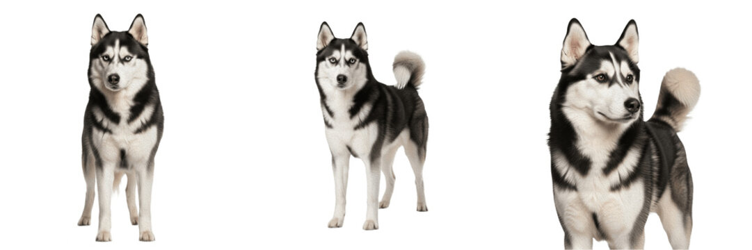 Siberian husky dog set isolated on transparent background. Black and white husky standing and looking forward full body collection PNG. Majestic purebred sled dog breed clipart pack for pet graphic de