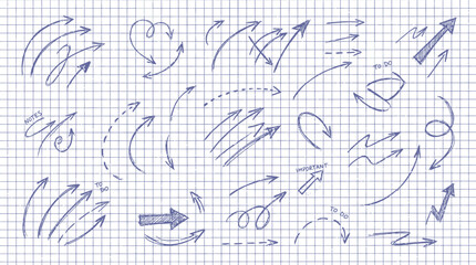 Fototapeta premium Blue pen doodle vector arrows collection. Hand drawn directional pointers for notes, scrapbook and collage school design