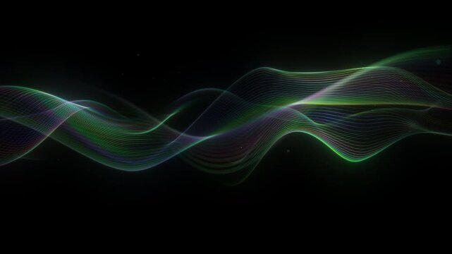 Glowing multicolored wave spectrum, transparent neon frequency lines, floating dust particles, luminous audio oscillation, abstract rainbow signal distortion black background, seamless loop 4K 60 fps.
