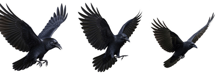 Obraz premium Flying Black Crow PNG Set, Gothic Raven with Spread Wings Isolated on White Background, Dark Corvus Bird Clipart Bundle for Halloween, Spooky Mystical Concepts, and Wildlife Graphic Design Projects