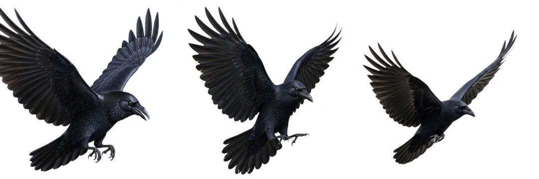 Flying Black Crow PNG Set, Gothic Raven with Spread Wings Isolated on White Background, Dark Corvus Bird Clipart Bundle for Halloween, Spooky Mystical Concepts, and Wildlife Graphic Design Projects