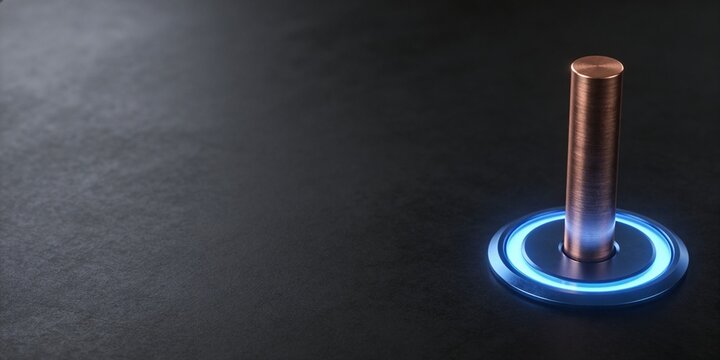 Brushed copper energy cylinder on glowing blue docking ring with dark minimalist technology background and wide copy space