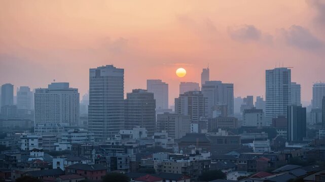 Sunset city skyline sun glowing over hazy warm pastel highrise building silhouette