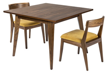 Fototapeta premium Modern wooden dining table with yellow upholstered chairs Isolated on transparent background