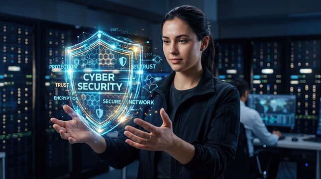Cyber security specialist woman interacting with glowing digital shield hologram in data center. IT professional managing server room network protection. Enterprise data encryption technology.