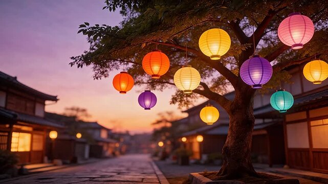 Colorful lanterns hang from tree on traditional street