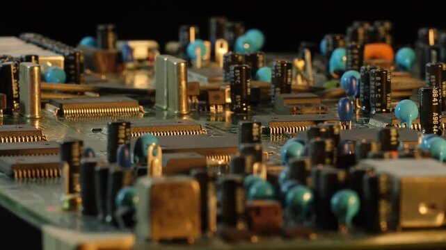 QFP Quad Flat Package microchip on circuit board rotating on turntable, R-C foreground, side view