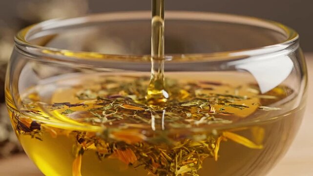 Close-Up Pouring Herbal Oil Infused with Dried Herbs into Clear Bowl, Perfect for Wellness, Natural Beauty and Organic Health Applications