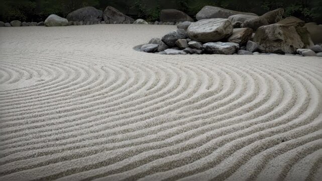 Zen garden sand raked concentric pattern around rock arrangement conveying calm meditative serenity