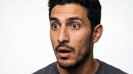 Obraz premium Portrait of a Shocked Middle Eastern Man with Wide Eyes and Open Mouth Expressing Disbelief, Studio Close-up on White Background