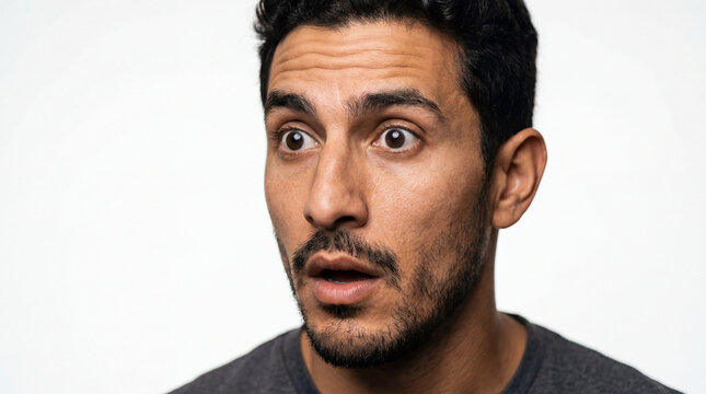 Portrait of a Shocked Middle Eastern Man with Wide Eyes and Open Mouth Expressing Disbelief, Studio Close-up on White Background