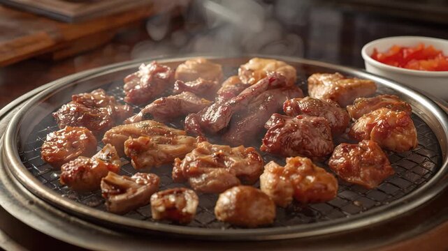 Grilled marinated chicken and beef sizzling charcoal grill with savory barbecue meat steam and warm