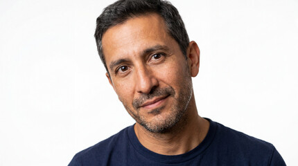 Obraz premium Close-up Portrait of a Confident Middle-Aged Latino Man with Graying Hair and Friendly Expression, Studio Headshot on a White Background