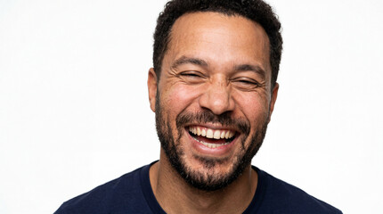 Obraz premium Portrait of a Joyful Mixed-Race Man Laughing Heartily, Close-Up Studio Headshot of a Happy Male with Beard and Curly Hair on a White Background